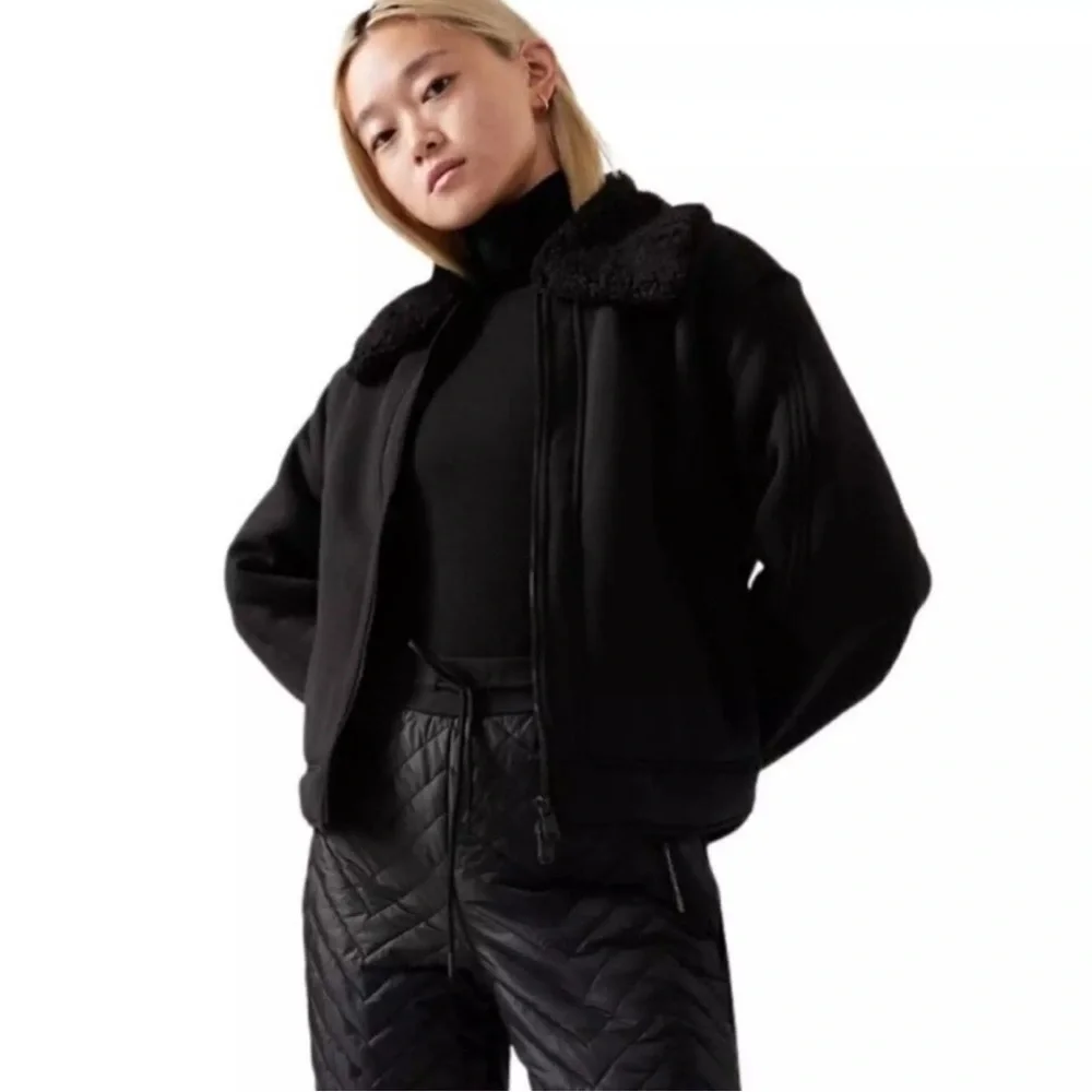 Athleta Sherpa Bomber Jacket 2X Black Zip Up Westbound Cozy Layer Lagonlook Fall - Picture 1 of 12